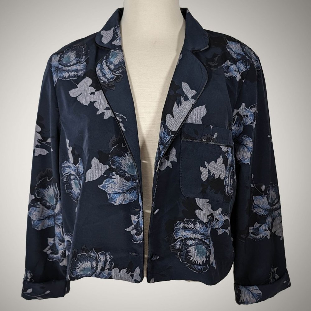 Topshop Blazer - navy blue with white & sky blue floral print